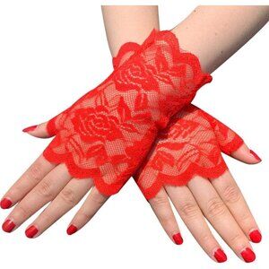 Women's Fancy Wrist Red Short Lace Half Fingerless Gloves Wedding Party Tea